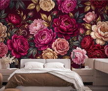 Load image into Gallery viewer, Burgundy Floral Wallpaper, Vintage Peony Rose Wall Mural, Moody Botanical Wallpaper, Dark Romantic Wallpaper, Peel and Stick 1204RS