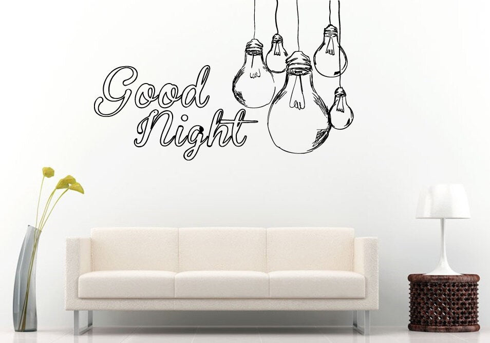 Good Night Words Hanging Light Bulbs Sleep Quote Citation Saying Bedroom Sleeping Room Wall Decal Vinyl Sticker Mural Room Decor L1156