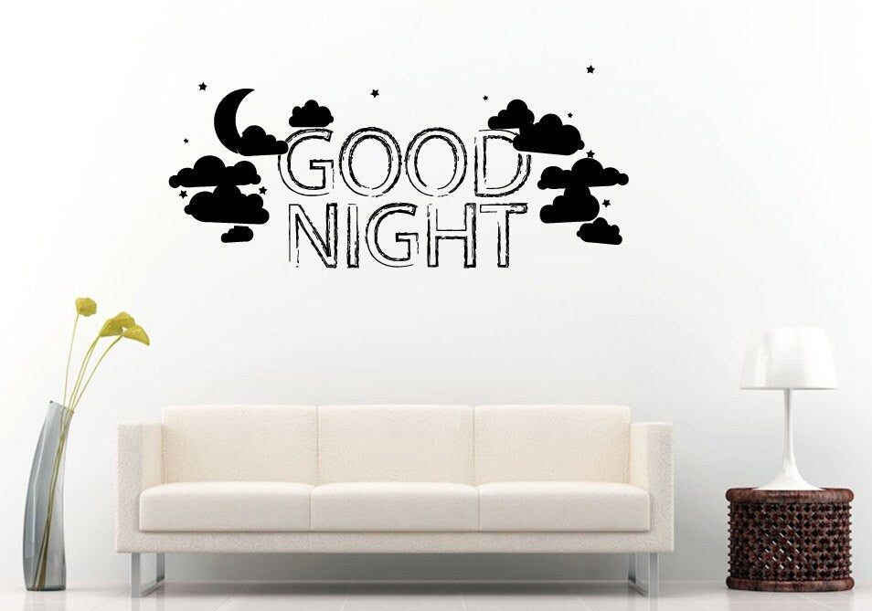 Good Night Words Stars Clouds Sky Moon Sleep Quote Citation Saying Bedroom Sleeping Room Wall Decal Vinyl Sticker Mural Room Decor L1158