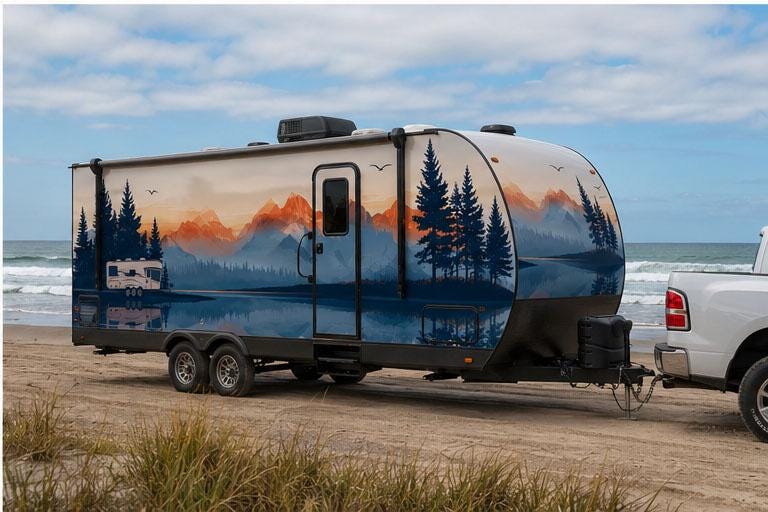 Mountain Lake RV Decal, Camper Mountain Sticker, Forest RV Graphics, Travel Trailer Decal, Mountain Sunset RV Wrap, Camping Vinyl cv001
