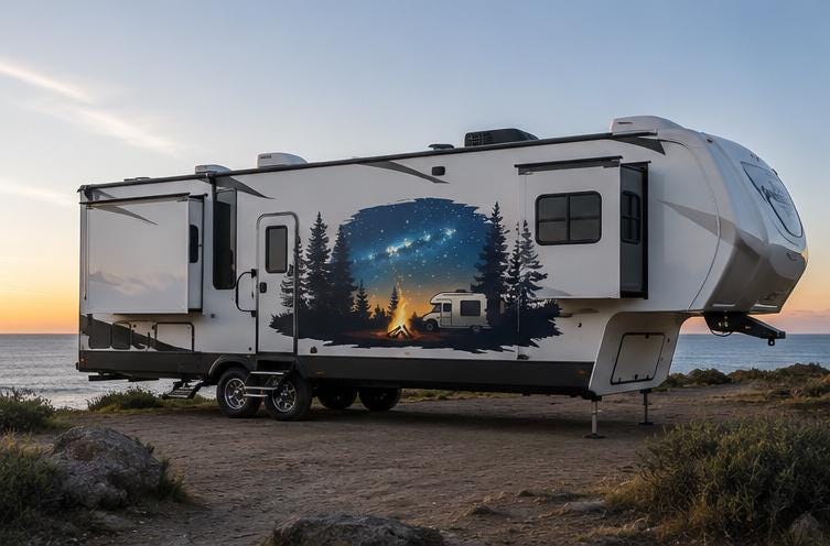 Camping RV Decal, Night Sky Camper Sticker, Campfire RV Wrap, Mountain Forest RV Graphics, Motorhome Vinyl Decal Milky Way Camper Wrap cv003