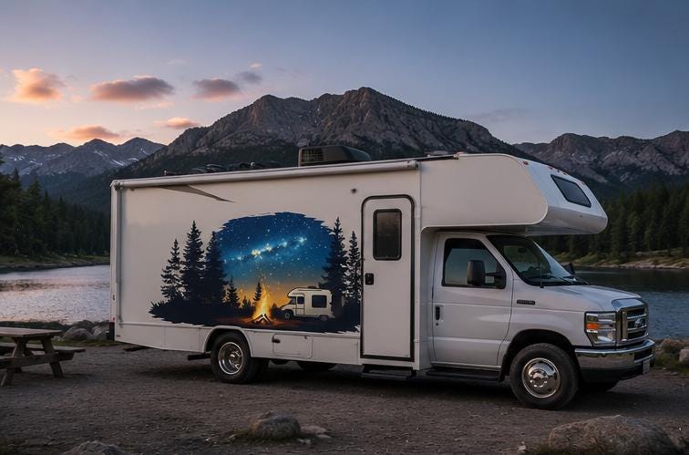 Camping RV Decal, Night Sky Camper Sticker, Campfire RV Wrap, Mountain Forest RV Graphics, Motorhome Vinyl Decal Milky Way Camper Wrap cv003