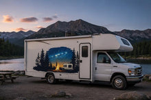 Load image into Gallery viewer, Camping RV Decal, Night Sky Camper Sticker, Campfire RV Wrap, Mountain Forest RV Graphics, Motorhome Vinyl Decal Milky Way Camper Wrap cv003