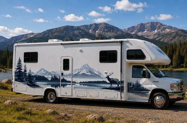 Mountain Wildlife RV Decal, Elk Camper Graphic, Mountain Lake RV Wrap, Forest Motorhome Decal, Scenic Travel Trailer Sticker cv005