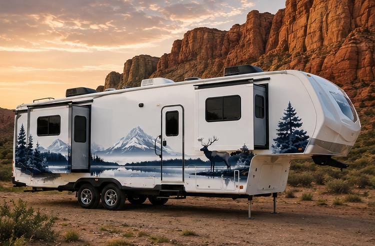 Mountain Wildlife RV Decal, Elk Camper Graphic, Mountain Lake RV Wrap, Forest Motorhome Decal, Scenic Travel Trailer Sticker cv005