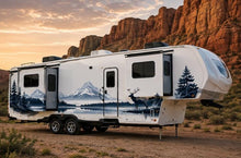 Load image into Gallery viewer, Mountain Wildlife RV Decal, Elk Camper Graphic, Mountain Lake RV Wrap, Forest Motorhome Decal, Scenic Travel Trailer Sticker cv005