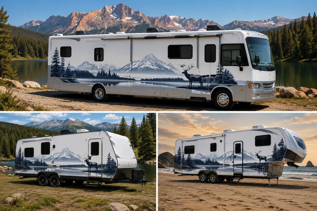 Mountain Wildlife RV Decal, Elk Camper Graphic, Mountain Lake RV Wrap, Forest Motorhome Decal, Scenic Travel Trailer Sticker cv005