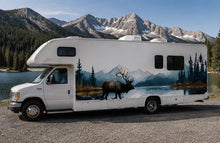 Load image into Gallery viewer, Mountain Elk RV Decal, Camper Mountain Lake Vinyl Graphic, Travel Trailer Decal, Motorhome Side Wrap, Nature RV Sticker cv006