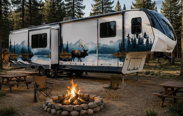 Mountain Elk RV Decal, Camper Mountain Lake Vinyl Graphic, Travel Trailer Decal, Motorhome Side Wrap, Nature RV Sticker cv006