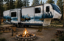 Load image into Gallery viewer, Mountain Elk RV Decal, Camper Mountain Lake Vinyl Graphic, Travel Trailer Decal, Motorhome Side Wrap, Nature RV Sticker cv006
