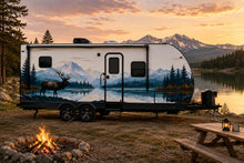 Load image into Gallery viewer, Mountain Elk RV Decal, Camper Mountain Lake Vinyl Graphic, Travel Trailer Decal, Motorhome Side Wrap, Nature RV Sticker cv006