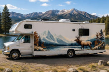 Load image into Gallery viewer, Mountain Elk RV Decal, Travel Trailer Mountain Lake Graphic, Camper Side Vinyl Wrap, Motorhome Decal, Nature Wildlife Sticker cv007