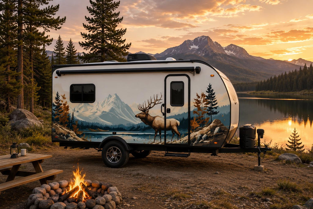 Mountain Elk RV Decal, Travel Trailer Mountain Lake Graphic, Camper Side Vinyl Wrap, Motorhome Decal, Nature Wildlife Sticker cv007