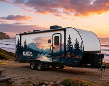Load image into Gallery viewer, Mountain Sunset RV Decal, Camper Lake Landscape Wrap, Travel Trailer Vinyl Graphic, Motorhome Nature Sticker, RV Side Decal cv008