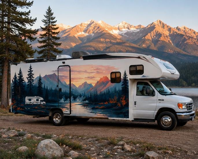 Mountain Sunset RV Decal, Camper Lake Landscape Wrap, Travel Trailer Vinyl Graphic, Motorhome Nature Sticker, RV Side Decal cv008