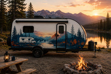 Load image into Gallery viewer, Mountain Sunset RV Decal, Camper Lake Landscape Wrap, Travel Trailer Vinyl Graphic, Motorhome Nature Sticker, RV Side Decal cv008