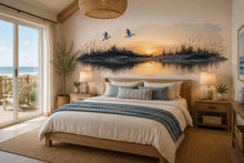 Load image into Gallery viewer, Coastal Sunset Wall Mural, Beach Bedroom Wallpaper, Airbnb Beach Decor, Ocean Peel and Stick Wallpaper, Seagull Wall Mural, Beach House