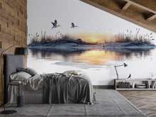 Load image into Gallery viewer, Coastal Sunset Wall Mural, Beach Bedroom Wallpaper, Airbnb Beach Decor, Ocean Peel and Stick Wallpaper, Seagull Wall Mural, Beach House