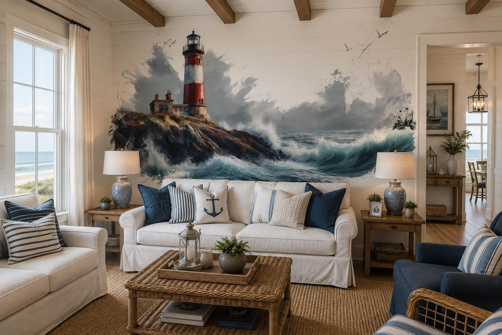 Coastal Lighthouse Wall Mural, Nautical Wallpaper, Beach House Decor, Peel and Stick Wallpaper, Ocean Wave Wall Mural, Airbnb Coastal Decor