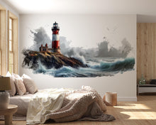 Load image into Gallery viewer, Coastal Lighthouse Wall Mural, Nautical Wallpaper, Beach House Decor, Peel and Stick Wallpaper, Ocean Wave Wall Mural, Airbnb Coastal Decor