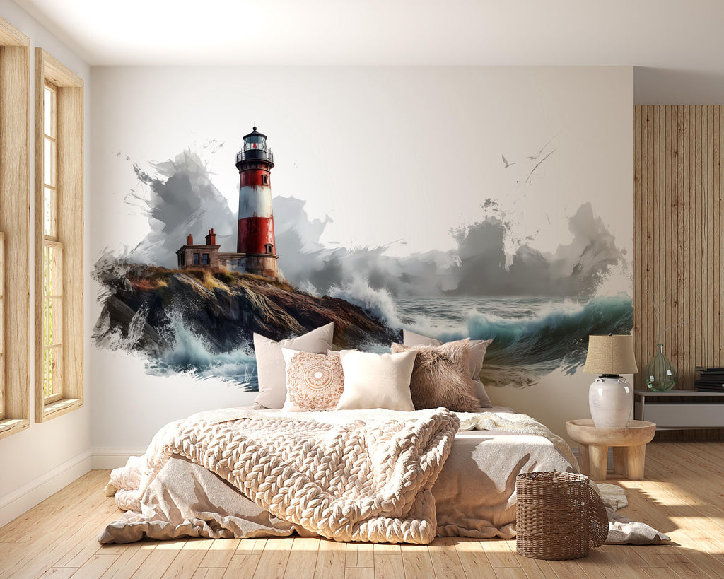 Coastal Lighthouse Wall Mural, Nautical Wallpaper, Beach House Decor, Peel and Stick Wallpaper, Ocean Wave Wall Mural, Airbnb Coastal Decor
