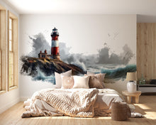 Load image into Gallery viewer, Coastal Lighthouse Wall Mural, Nautical Wallpaper, Beach House Decor, Peel and Stick Wallpaper, Ocean Wave Wall Mural, Airbnb Coastal Decor