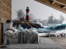 Load image into Gallery viewer, Coastal Lighthouse Wall Mural, Nautical Wallpaper, Beach House Decor, Peel and Stick Wallpaper, Ocean Wave Wall Mural, Airbnb Coastal Decor