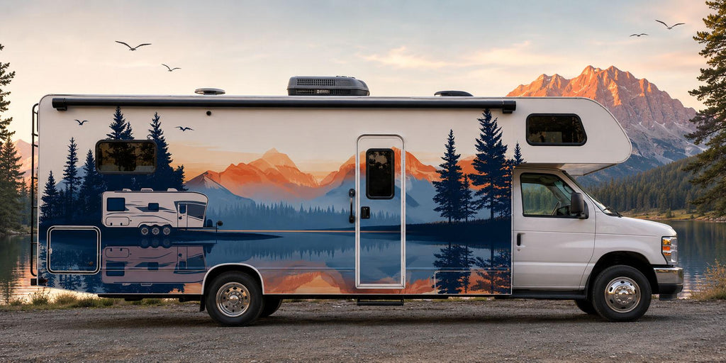 Mountain Lake RV Decal, Camper Mountain Sticker, Forest RV Graphics, Travel Trailer Decal, Mountain Sunset RV Wrap, Camping Vinyl cv001