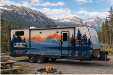 Load image into Gallery viewer, Mountain Lake RV Decal, Camper Mountain Sticker, Forest RV Graphics, Travel Trailer Decal, Mountain Sunset RV Wrap, Camping Vinyl cv001