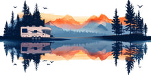 Load image into Gallery viewer, Mountain Lake RV Decal, Camper Mountain Sticker, Forest RV Graphics, Travel Trailer Decal, Mountain Sunset RV Wrap, Camping Vinyl cv001