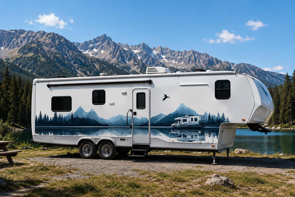 Mountain Lake RV Decal, Fifth Wheel Camper Graphic, Mountain Reflection RV Wrap, Forest Camper Decal, Motorhome Vinyl Sticker, Travel cv004