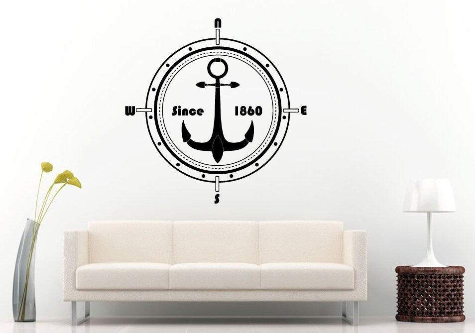 Anchor Compass Since 1860 Sea Ocean Water Navigation Navigator Navy Naval Nautical Wall Decal Vinyl Sticker Mural Room Decor L1176