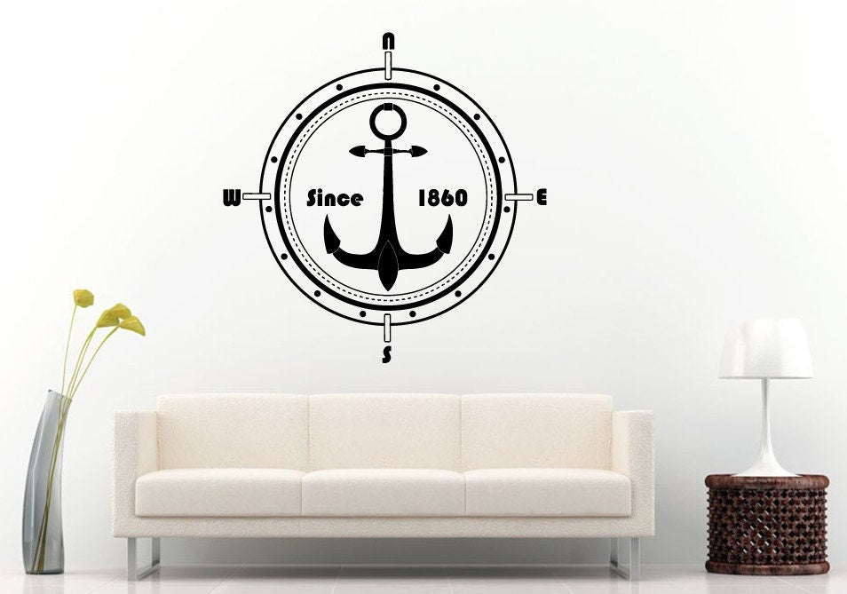 Anchor Compass Since 1860 Sea Ocean Water Navigation Navigator Navy Naval Nautical Wall Decal Vinyl Sticker Mural Room Decor L1176