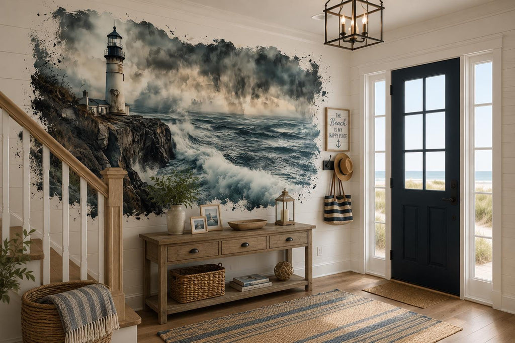 Lighthouse Entryway Wall Mural, Coastal Wallpaper, Beach House Decor, Peel and Stick Wallpaper, Nautical Wall Art, Airbnb Beach Home Decor
