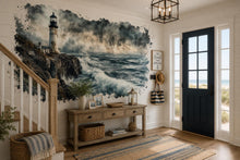 Load image into Gallery viewer, Lighthouse Entryway Wall Mural, Coastal Wallpaper, Beach House Decor, Peel and Stick Wallpaper, Nautical Wall Art, Airbnb Beach Home Decor