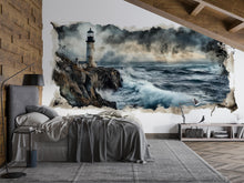 Load image into Gallery viewer, Lighthouse Entryway Wall Mural, Coastal Wallpaper, Beach House Decor, Peel and Stick Wallpaper, Nautical Wall Art, Airbnb Beach Home Decor