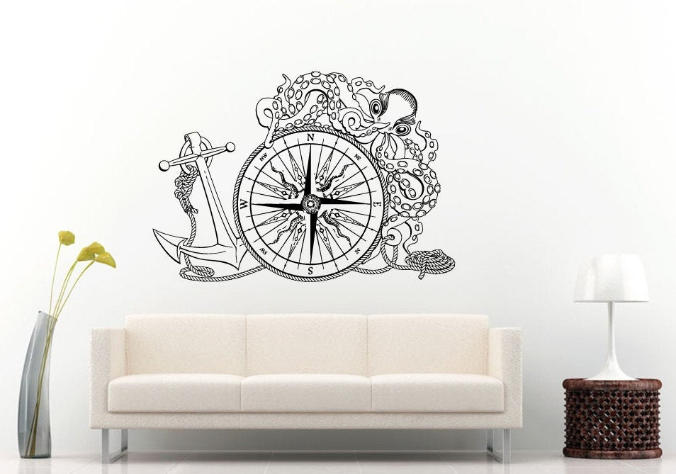 Anchor Ship Boat Compass Octopus Sea Ocean Water Navy Naval Nautical Line Rope Wall Decal Vinyl Sticker Mural Room Decor L1181