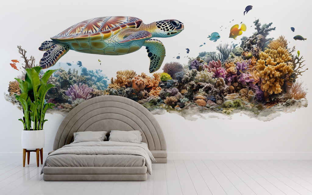 Sea Turtle Wall Decal, Coral Reef Bathroom Wall Sticker, Coastal Beach House Decor, Ocean Wall Art, Peel and Stick Vinyl Mural