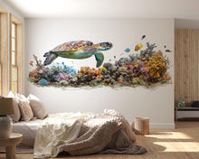 Load image into Gallery viewer, Sea Turtle Wall Decal, Coral Reef Bathroom Wall Sticker, Coastal Beach House Decor, Ocean Wall Art, Peel and Stick Vinyl Mural