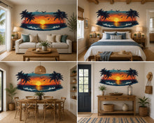 Load image into Gallery viewer, Tropical Sunset Wall Decal, Beach Sunset Wall Sticker, Coastal Bedroom Decor, Palm Tree Ocean Wall Art, Airbnb Beach House Decor