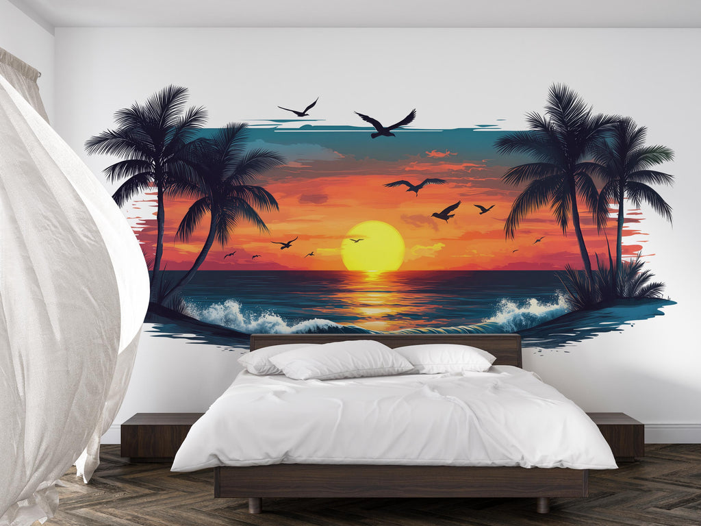 Tropical Sunset Wall Decal, Beach Sunset Wall Sticker, Coastal Bedroom Decor, Palm Tree Ocean Wall Art, Airbnb Beach House Decor