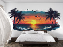 Load image into Gallery viewer, Tropical Sunset Wall Decal, Beach Sunset Wall Sticker, Coastal Bedroom Decor, Palm Tree Ocean Wall Art, Airbnb Beach House Decor