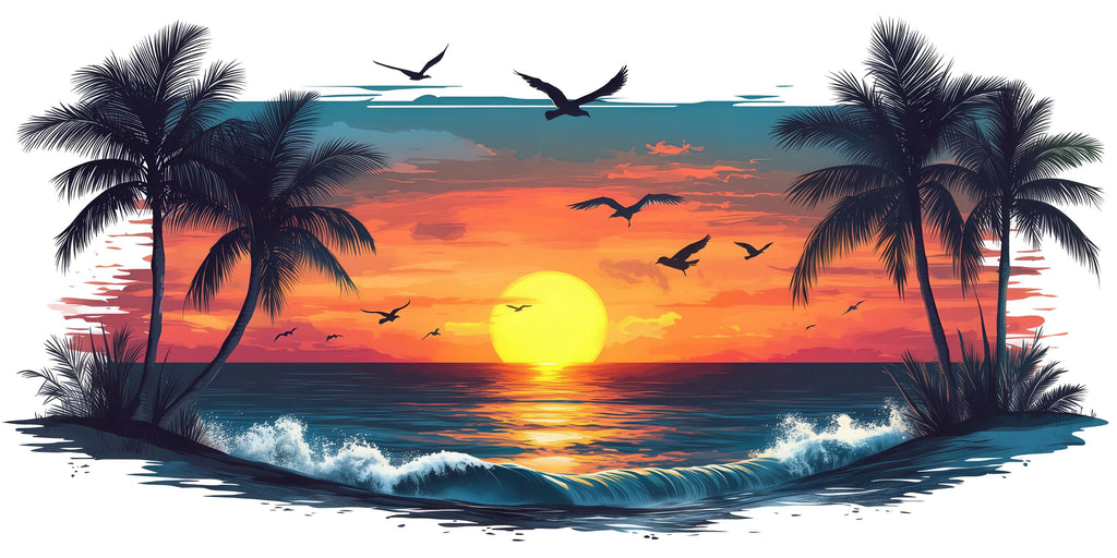 Tropical Sunset Wall Decal, Beach Sunset Wall Sticker, Coastal Bedroom Decor, Palm Tree Ocean Wall Art, Airbnb Beach House Decor