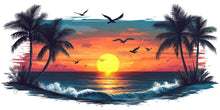 Load image into Gallery viewer, Tropical Sunset Wall Decal, Beach Sunset Wall Sticker, Coastal Bedroom Decor, Palm Tree Ocean Wall Art, Airbnb Beach House Decor