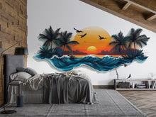 Load image into Gallery viewer, Tropical Sunset Wall Decal, Palm Tree Ocean Wall Sticker, Coastal Bedroom Decor, Beach House Wall Art, Peel and Stick Mural