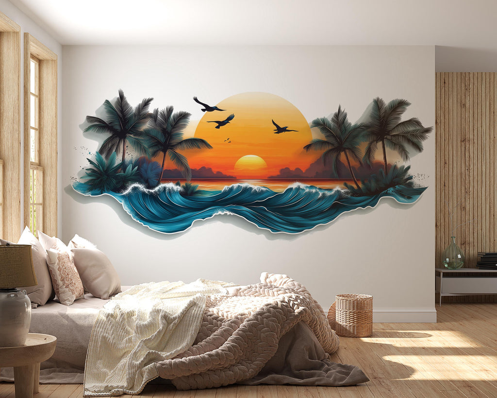 Tropical Sunset Wall Decal, Palm Tree Ocean Wall Sticker, Coastal Bedroom Decor, Beach House Wall Art, Peel and Stick Mural