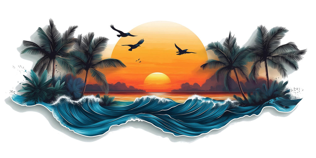 Tropical Sunset Wall Decal, Palm Tree Ocean Wall Sticker, Coastal Bedroom Decor, Beach House Wall Art, Peel and Stick Mural