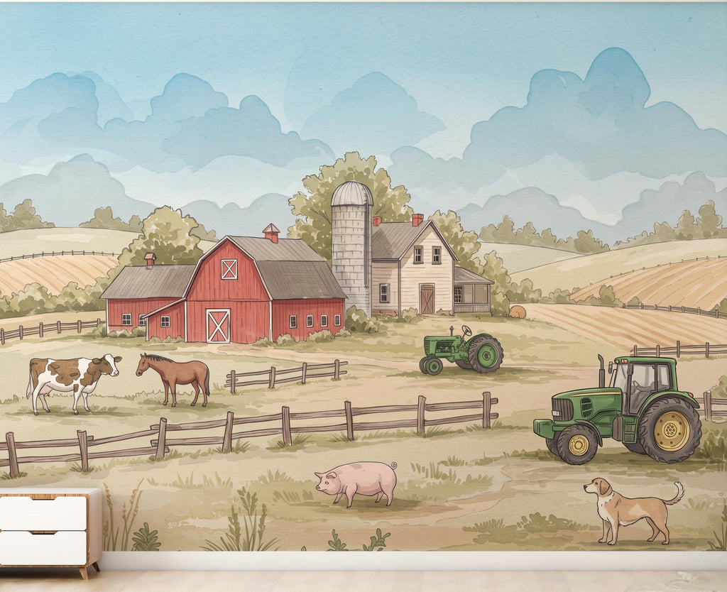 Farm Animals Wallpaper Tractor Farm Animal Peel and Stick Goat Sheep Pig Animals room Farm Wallpaper Nursery wall decor Mural 1218RS