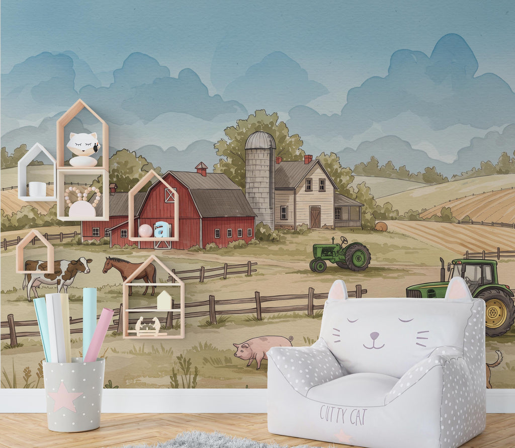Farm Animals Wallpaper Tractor Farm Animal Peel and Stick Goat Sheep Pig Animals room Farm Wallpaper Nursery wall decor Mural 1218RS
