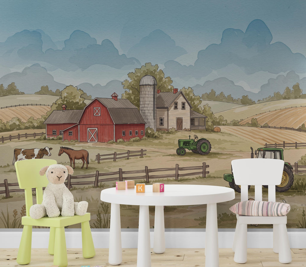 Farm Animals Wallpaper Tractor Farm Animal Peel and Stick Goat Sheep Pig Animals room Farm Wallpaper Nursery wall decor Mural 1218RS